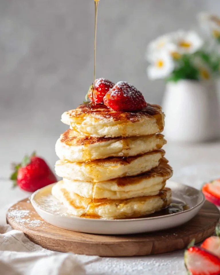 Fluffy soufflé pancakes stacked high, drizzled with syrup and garnished with fruit.