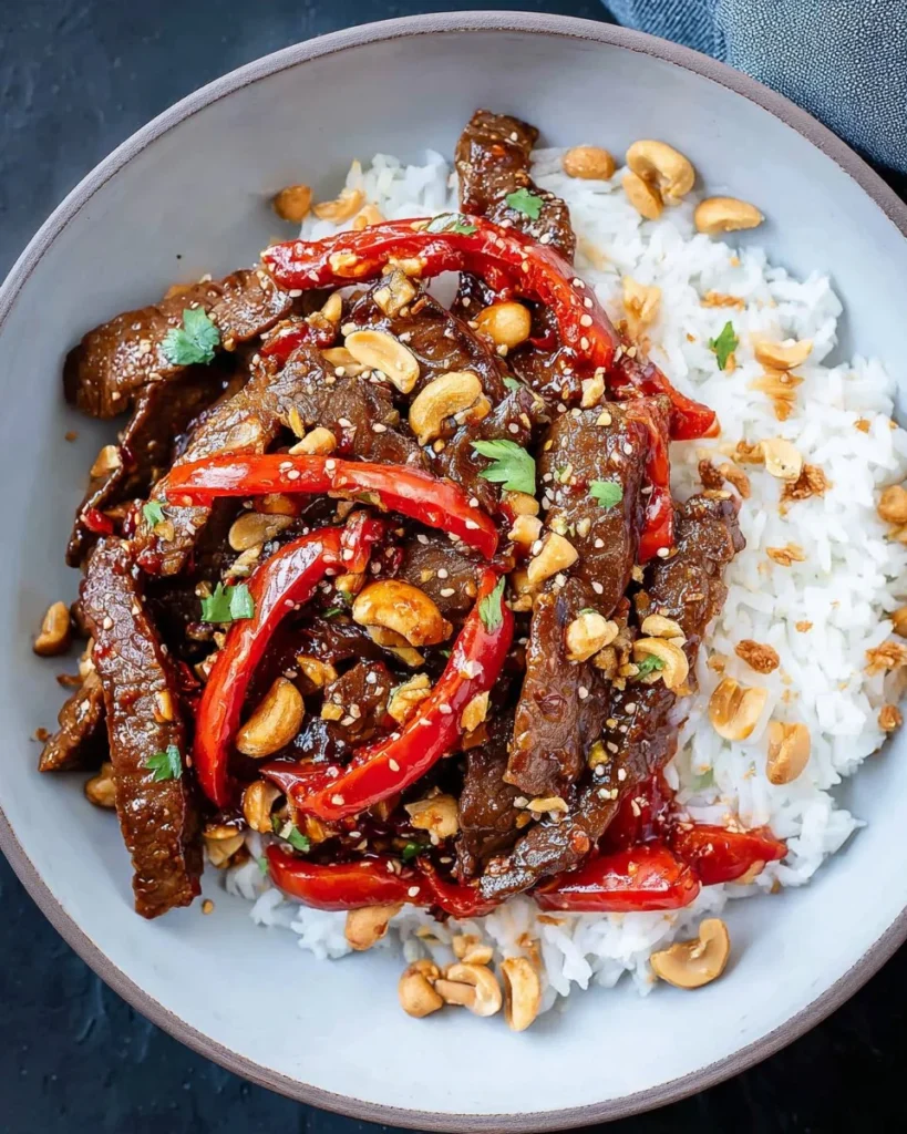 Delicious Kung Pao Beef with vibrant vegetables and spicy sauce