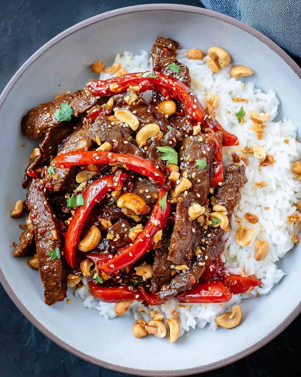 Delicious Kung Pao Beef with vibrant vegetables and spicy sauce