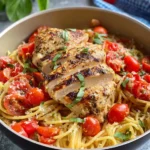 Delicious Bruschetta Chicken Pasta garnished with fresh herbs and tomatoes