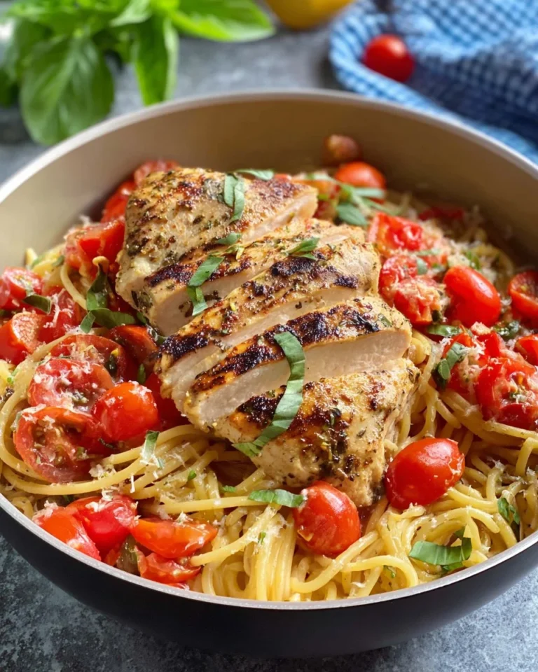Delicious Bruschetta Chicken Pasta garnished with fresh herbs and tomatoes