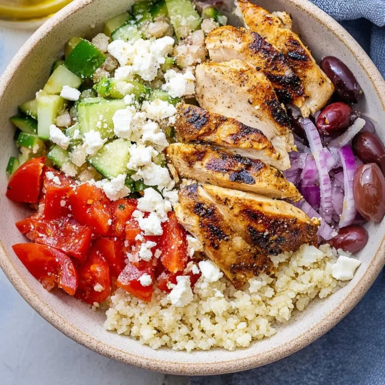 Delicious Greek Chicken Bowl garnished with fresh vegetables and herbs