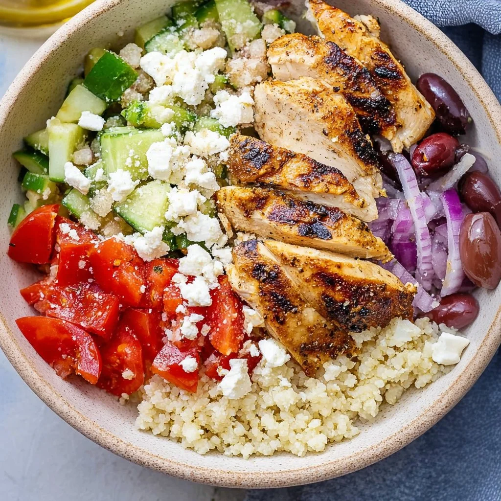 Delicious Greek Chicken Bowl garnished with fresh vegetables and herbs