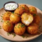 Crispy fried mashed potato balls served on a plate with dipping sauce.