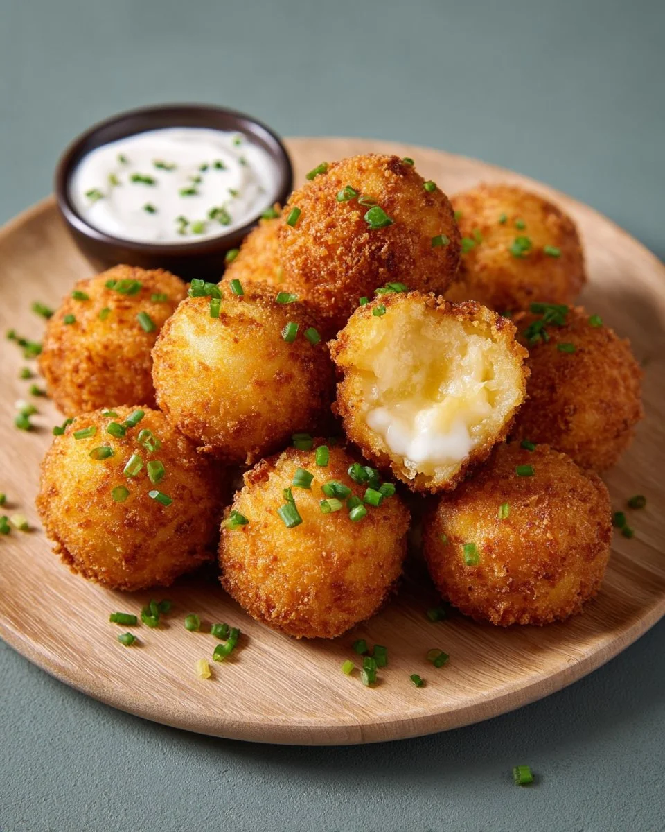 Crispy fried mashed potato balls served on a plate with dipping sauce.