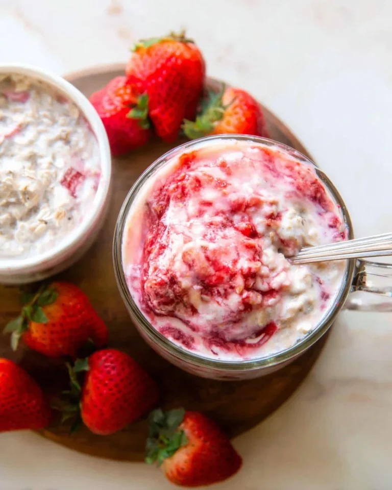 Delicious strawberries and cream overnight oats bowl for a healthy breakfast