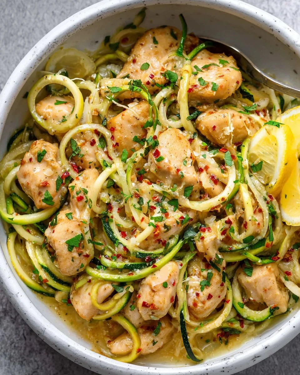 Delicious chicken scampi zoodles served in a bowl with herbs and spices