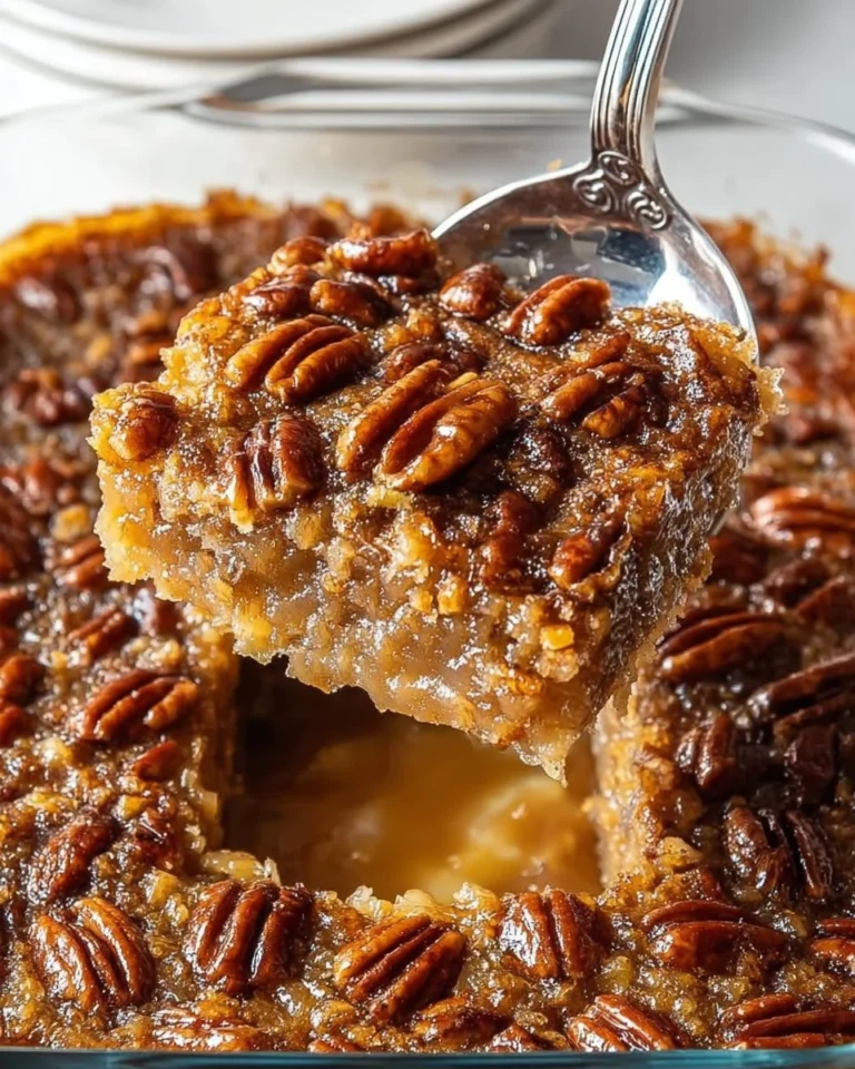 Delicious pecan pie dump cake topped with nuts and whipped cream