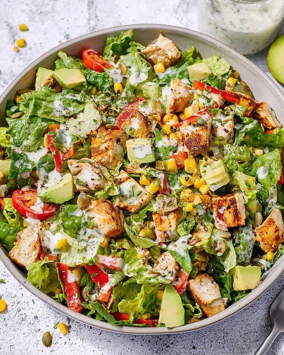 A vibrant chicken chopped salad with colorful vegetables and tasty dressing