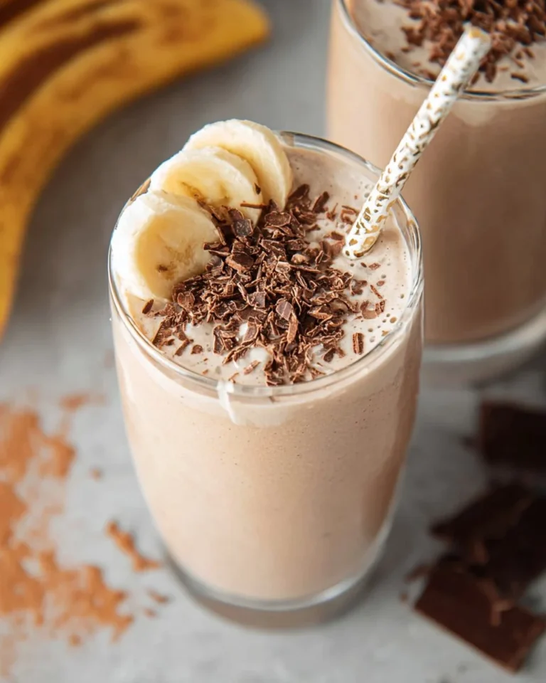 Delicious chocolate protein shake in a glass with chocolate bars and protein powder