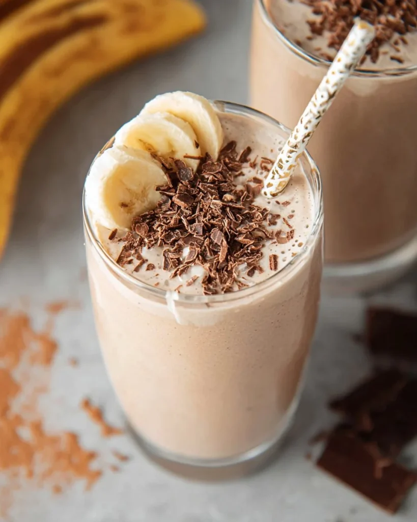Delicious chocolate protein shake in a glass with chocolate bars and protein powder