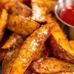 Crispy air fryer potato wedges served in a bowl with dipping sauce