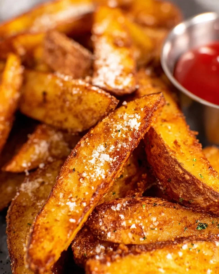 Crispy air fryer potato wedges served in a bowl with dipping sauce