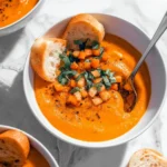 Bowl of vibrant tomato carrot soup garnished with fresh herbs