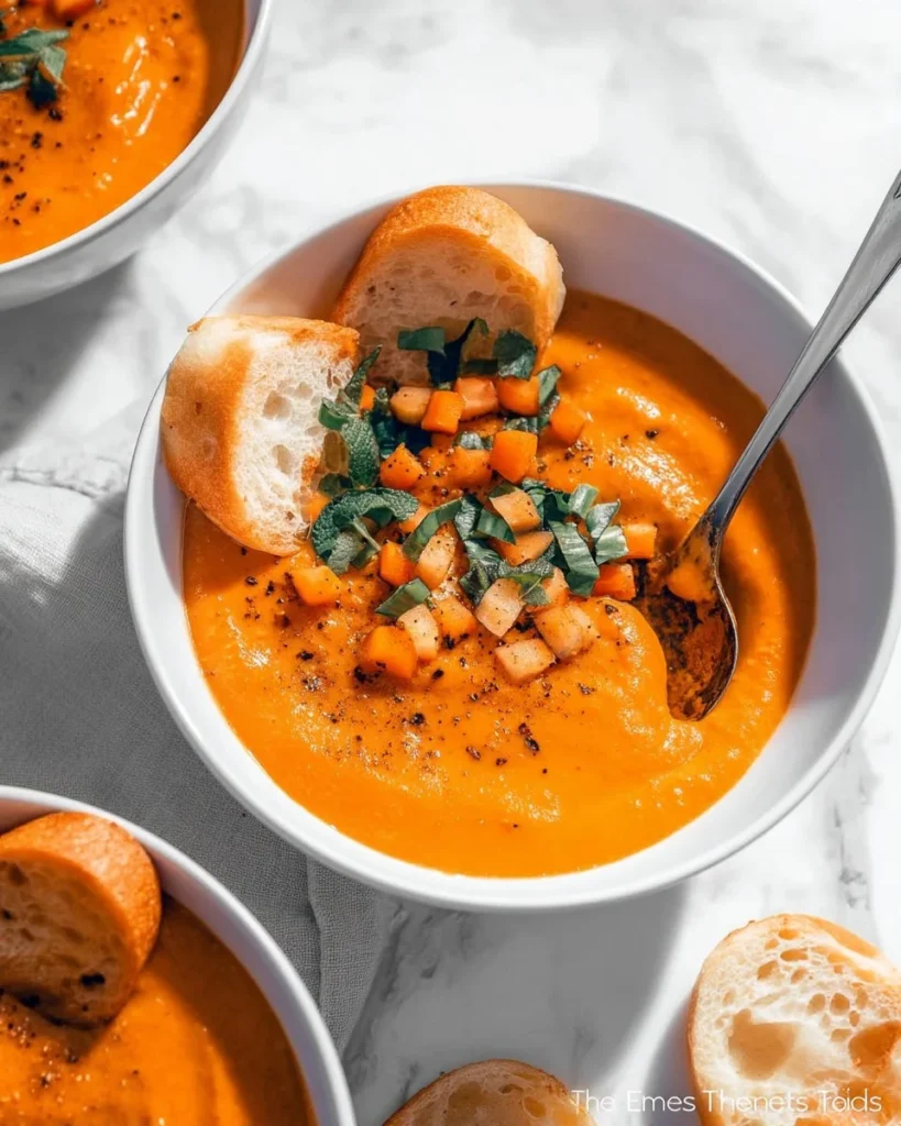 Bowl of vibrant tomato carrot soup garnished with fresh herbs