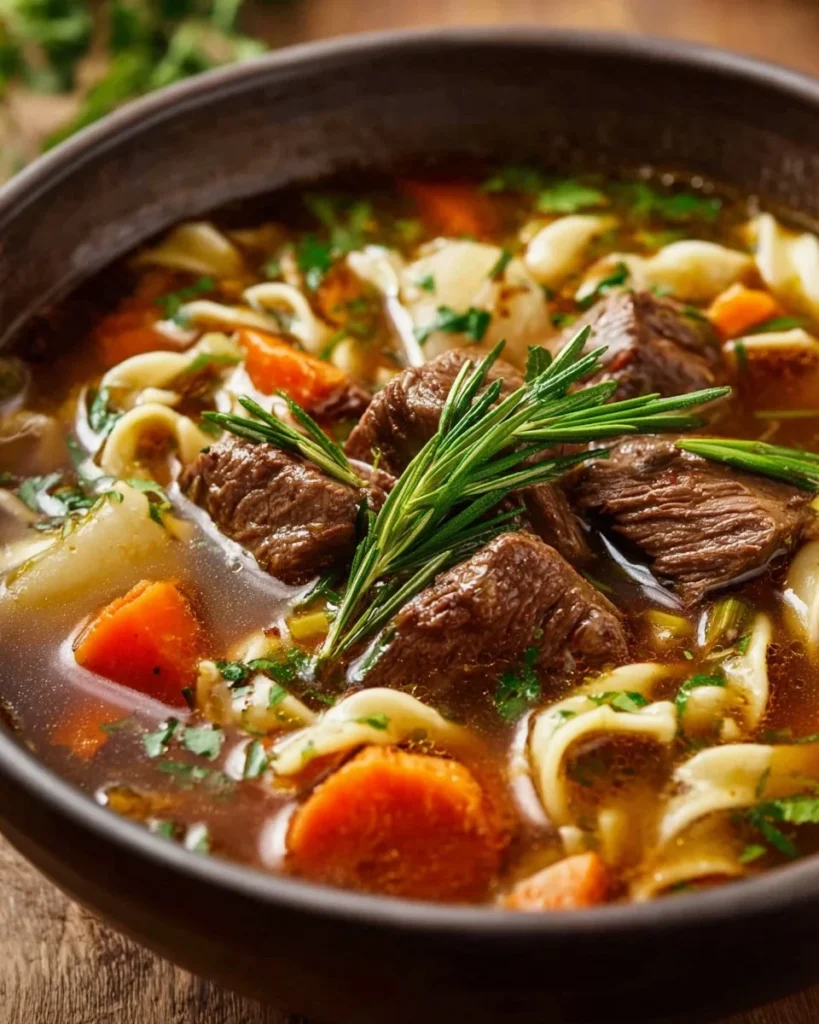 Bowl of traditional German beef noodle soup with herbs and spices