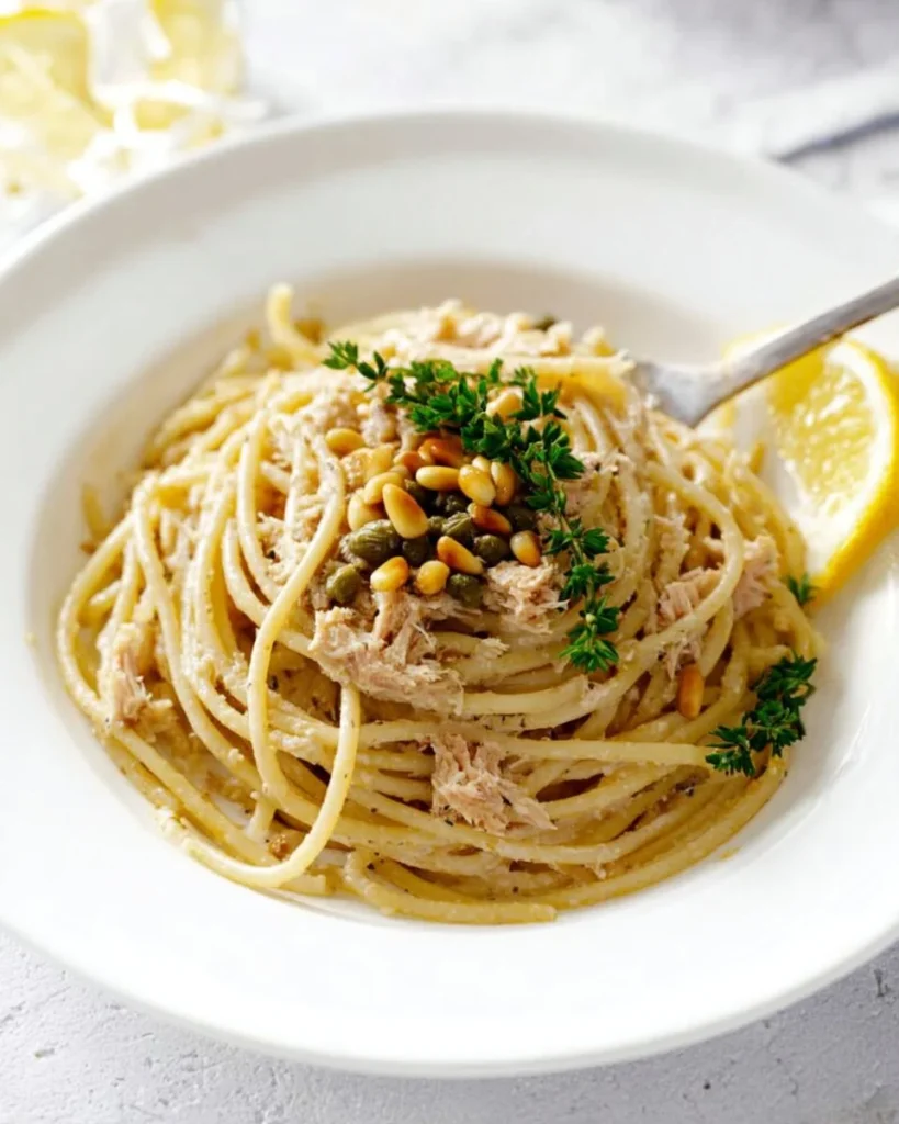 Delicious Tuna Pasta with Capers served in a bowl