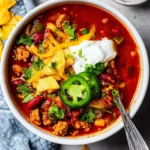 Bowl of savory Turkey Chili topped with fresh cilantro and lime