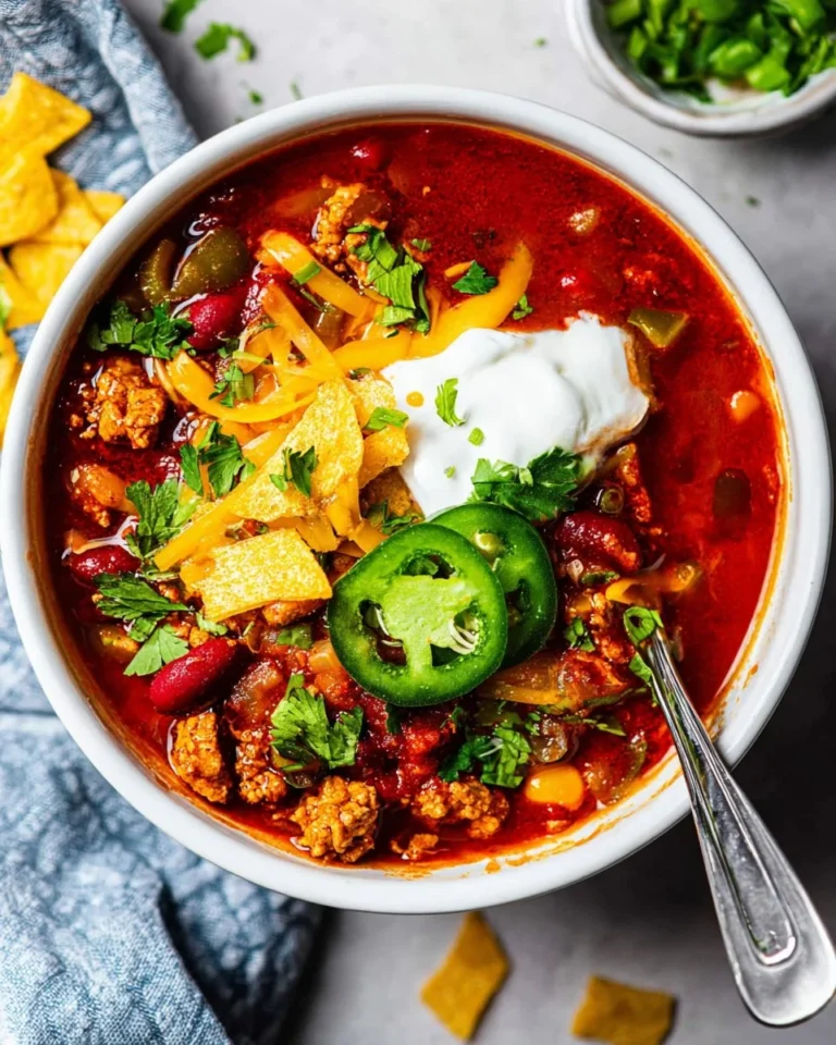 Bowl of savory Turkey Chili topped with fresh cilantro and lime