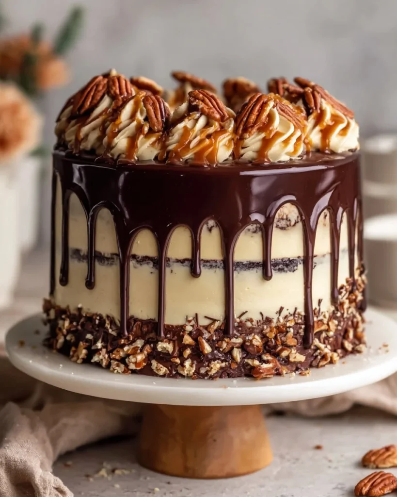 Delicious Turtle Chocolate Layer Cake with layers of chocolate and caramel