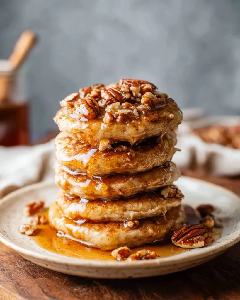 Delicious pecan pie pancakes topped with syrup and pecans on a plate