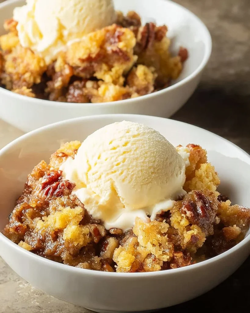 Delicious pecan pie dump cake served on a plate, topped with whipped cream.