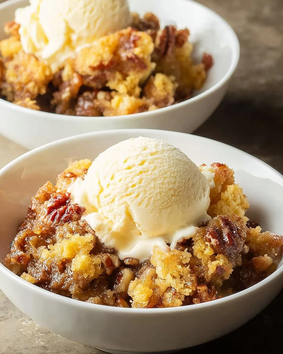 Delicious pecan pie dump cake served on a plate, topped with whipped cream.