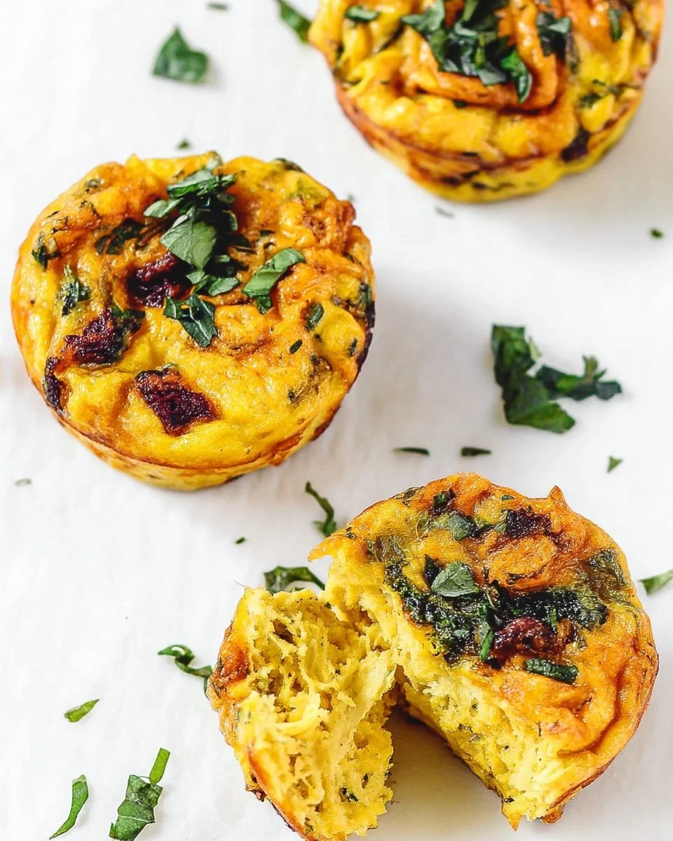 Delicious Vegan Egg Muffins topped with vegetables and herbs for a healthy breakfast.