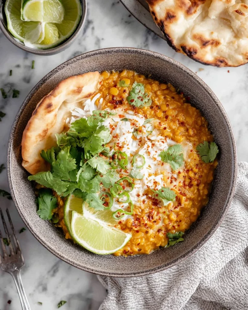 A bowl of vegan red lentil curry garnished with fresh herbs and spices.