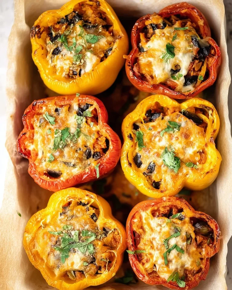 Vegan stuffed peppers filled with Tex Mex flavors, garnished with fresh herbs