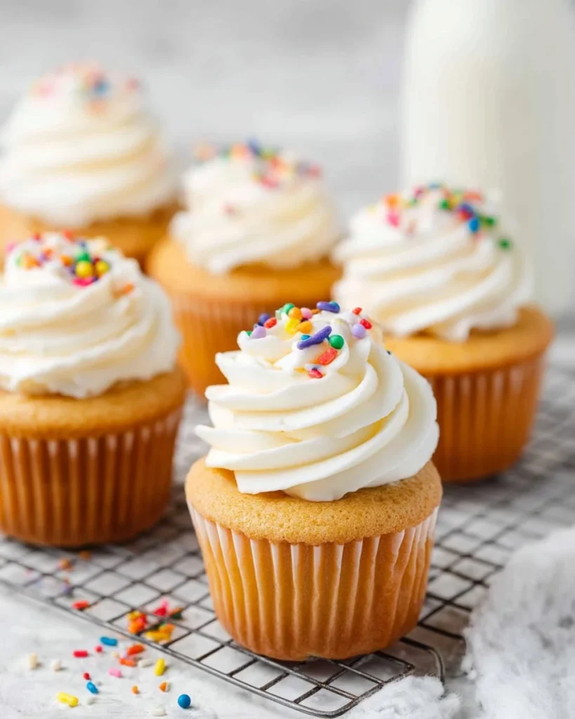 Delicious vegan vanilla cupcakes topped with creamy frosting and sprinkles.