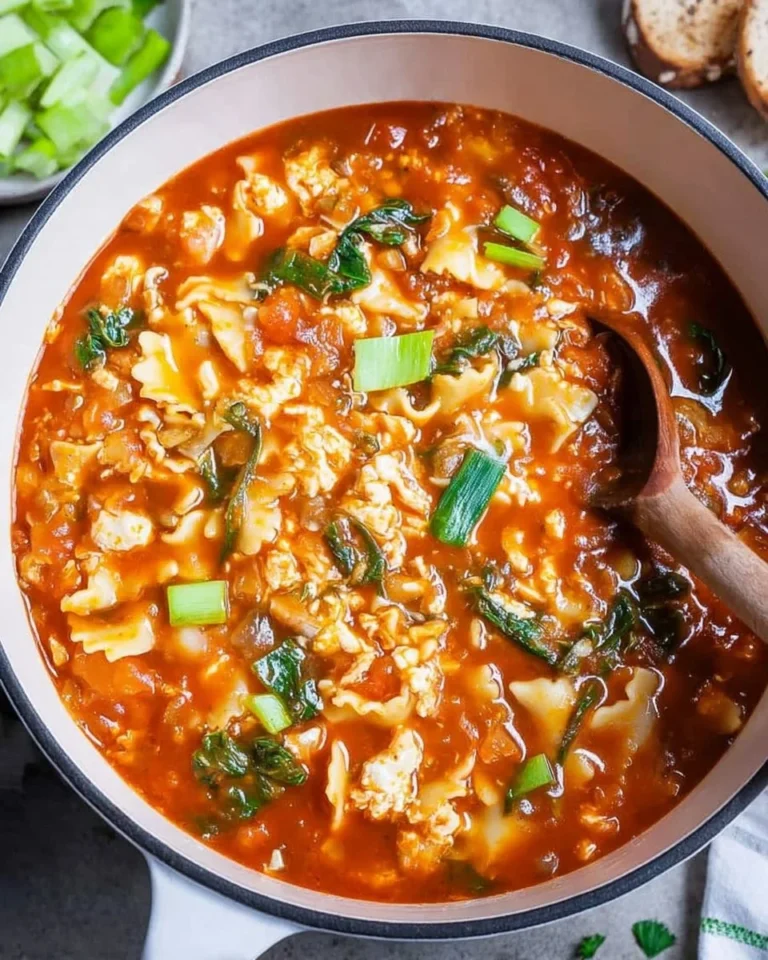 A bowl of Vegetarian Lasagna Soup topped with fresh herbs and cheese.