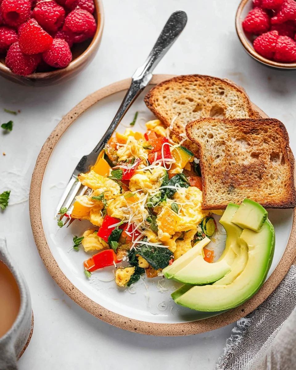 Dish of veggie scrambled eggs with colorful vegetables on a plate.