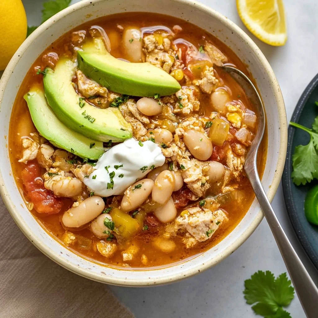 Bowl of white bean turkey chili with herbs and spices, perfect for cold days.