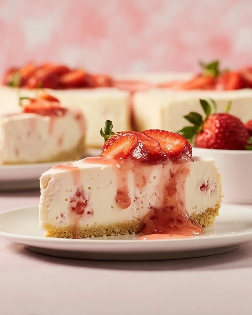 No-bake white chocolate strawberry cheesecake topped with fresh strawberries