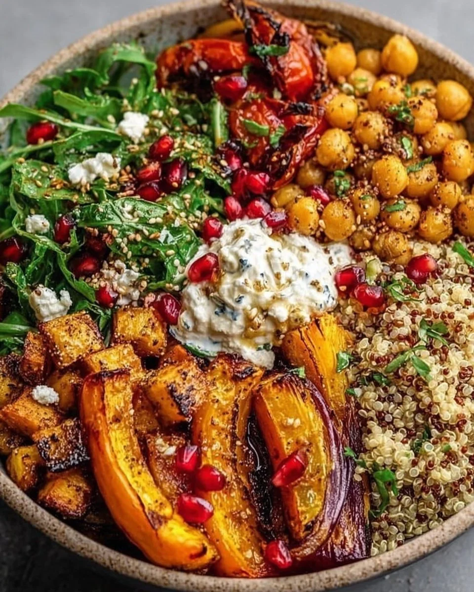Winter Mediterranean Quinoa Bowl with fresh vegetables and grains