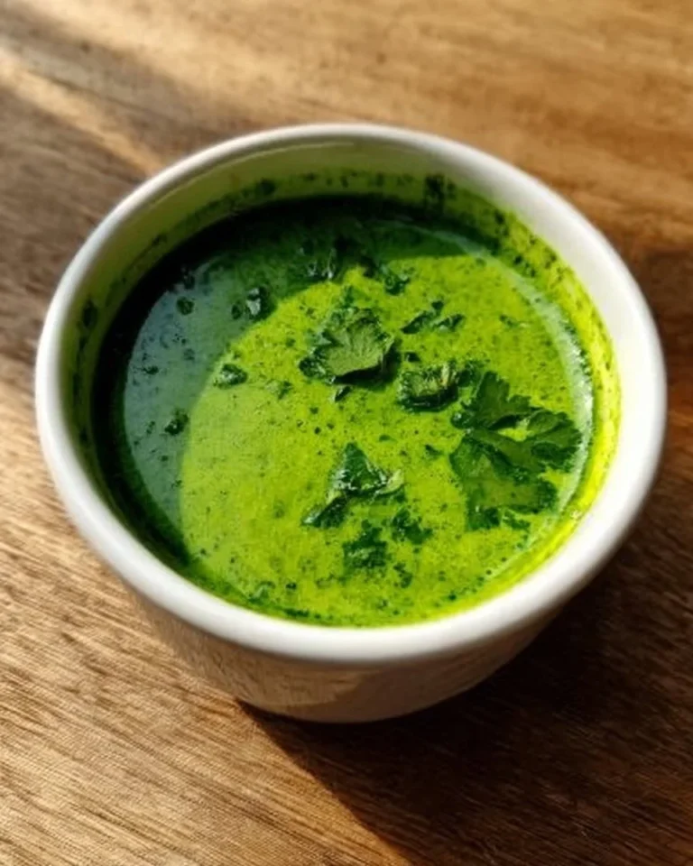 Zesty cilantro garlic sauce in a small bowl with fresh herbs
