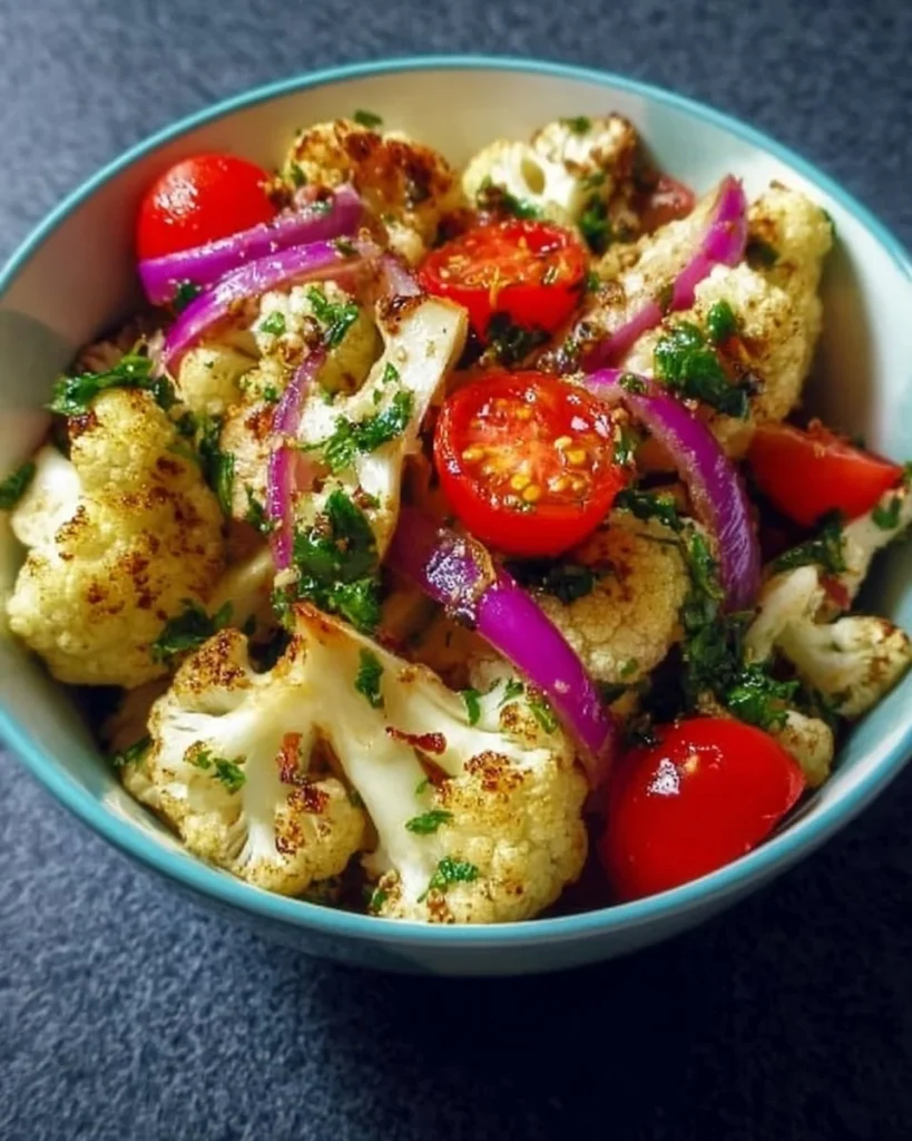 Zesty marinated cauliflower salad with vibrant vegetables and herbs
