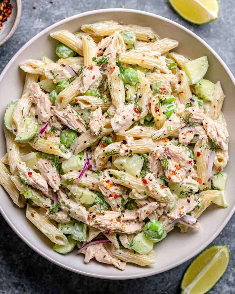 Bowl of Tuna Pasta Salad with colorful vegetables