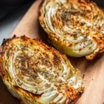 Delicious air fryer cabbage steaks served on a plate with seasoning