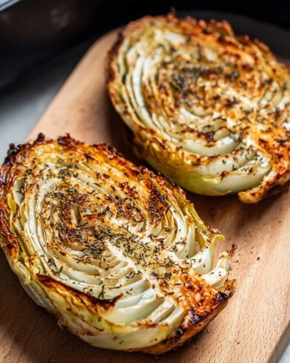 Delicious air fryer cabbage steaks served on a plate with seasoning