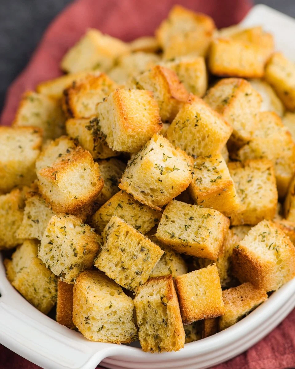 Crispy air fryer croutons in a bowl, perfect for salads and soups.