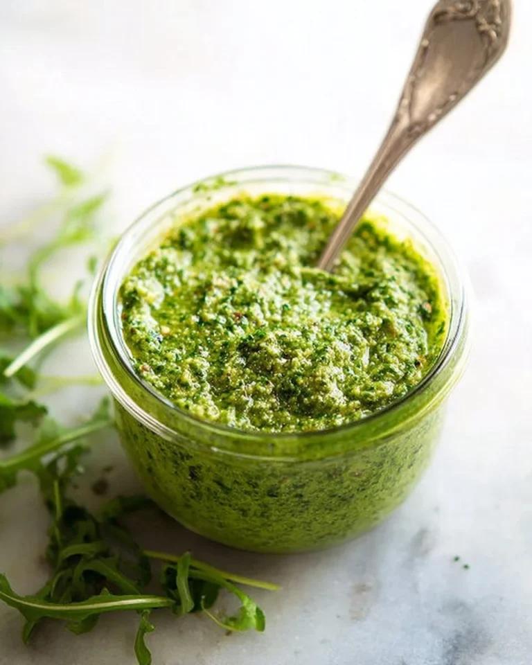 Bowl of arugula pesto with fresh ingredients and pasta in the background