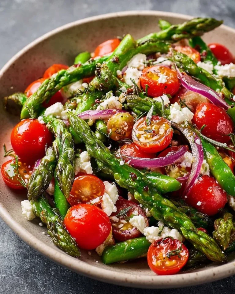 Asparagus salad with feta cheese and cherry tomatoes in a fresh bowl