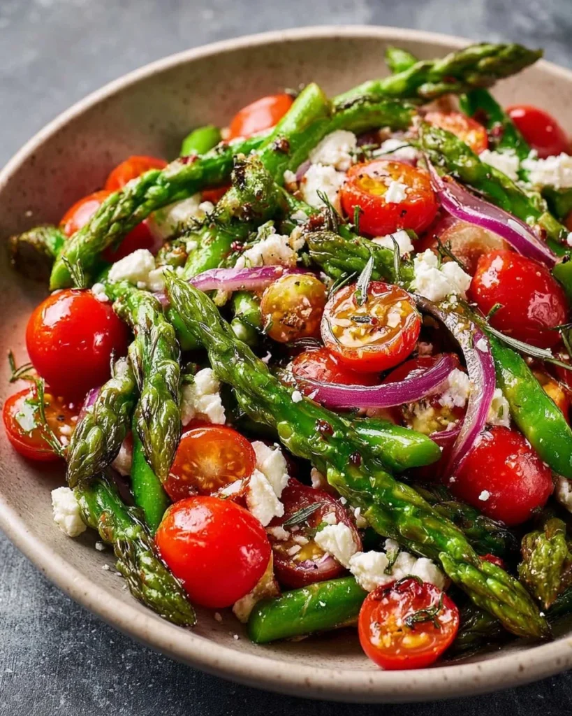 Asparagus salad with feta cheese and cherry tomatoes in a fresh bowl