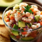 Avocado shrimp ceviche served in a bowl with garnishes and lime wedges