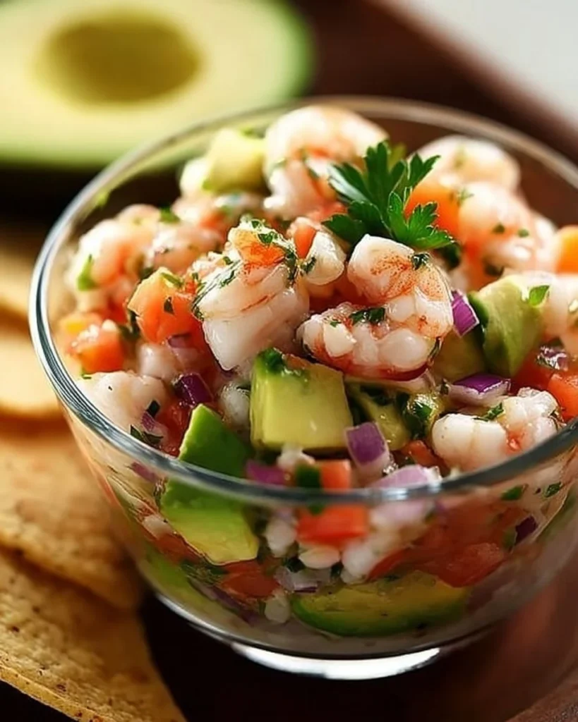 Avocado shrimp ceviche served in a bowl with garnishes and lime wedges