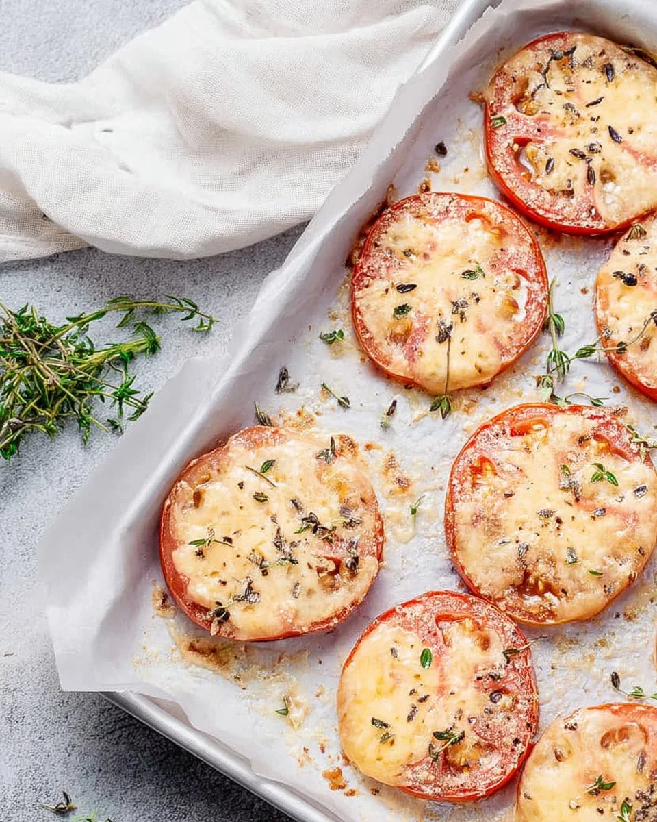 Delicious baked tomatoes fresh out of the oven, garnished with herbs.