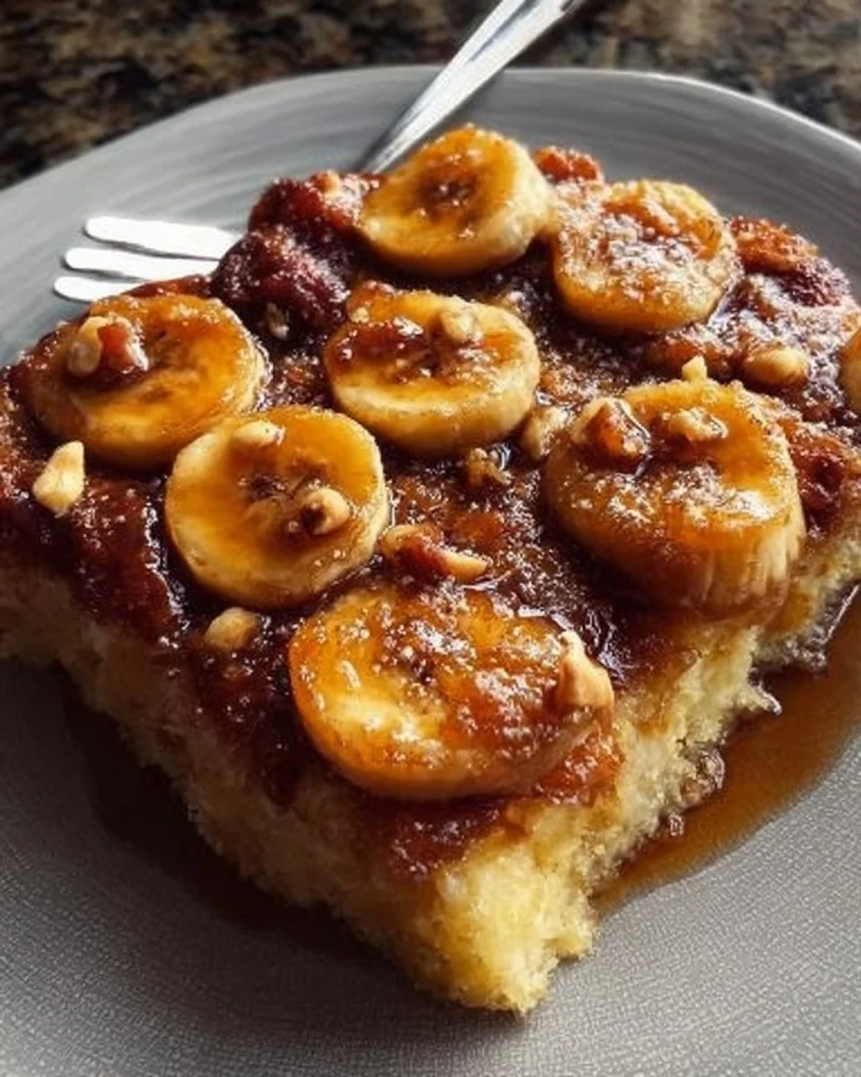 Delicious Bananas Foster Cobbler with warm bananas and rich caramel sauce.