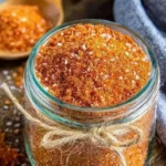 A jar of homemade BBQ rub spices ready for grilling and smoking meats.